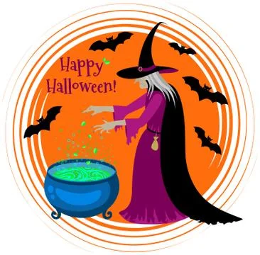 Old scary witch cooks a potion in a cauldron. Happy Halloween poster. Cartoon 스톡 일러스트