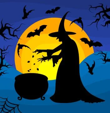 Old scary witch cooks a potion in a cauldron on sunset background. Halloween  Stock-Illustration