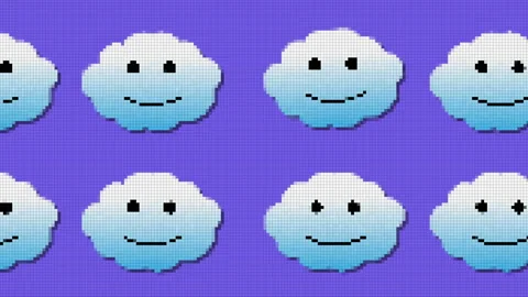 Old School 8 bit smiling clouds moving on a rainbow colored background. Pixel Stock Footage 221520052