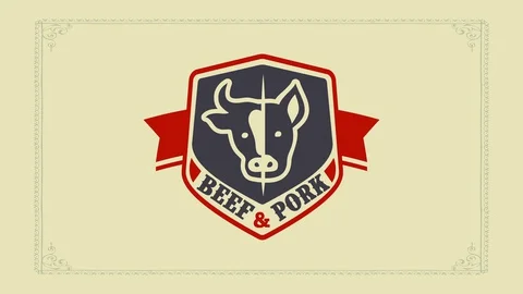 Old school beef and pork label with a cow and a pig creating one face Stock Footage 128702843