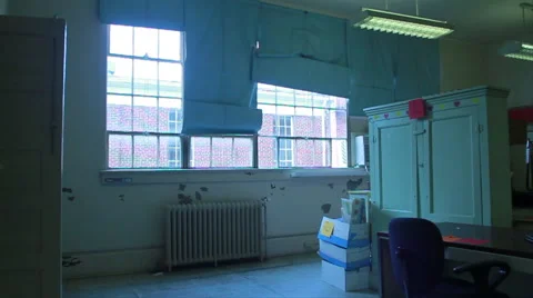 Old School Building Classroom, run down, dirty, torn blinds and radiator Stock Footage 52439044
