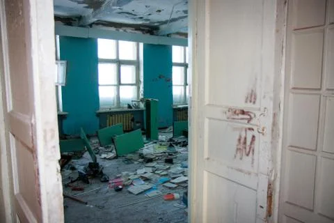 Old school building interiors inside, abandoned soviet union house Stock Photos