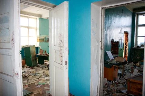 Old school building interiors inside, abandoned soviet union house Stock Photos
