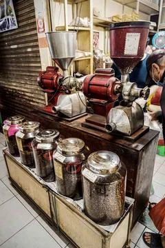 Old-School Coffee Processing Machines in Small Business Stock Photos