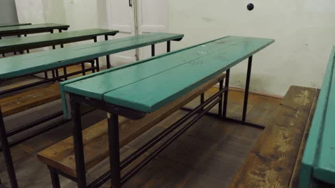 Old School Desks In An Empty Classroom. Old Fashioned Furniture Stock Footage 204004532