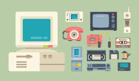Old school gadgets flat vector illustrations set Stock Illustration