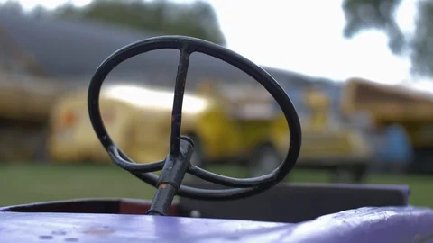 Old school steering wheel of a small car. Stock Footage 112564875
