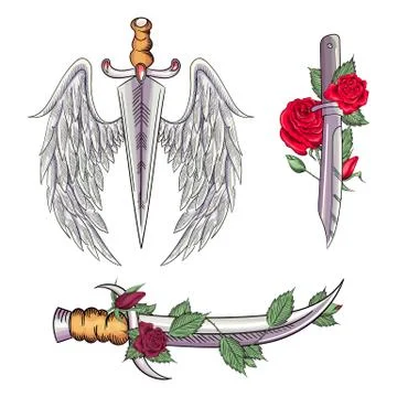 Old school styled tattoo of a dagger through rose. Editable vector illustration. Stock Illustration