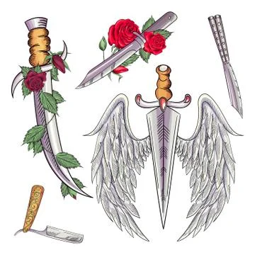 Old school styled tattoo of a dagger through rose. Editable vector illustration. Stock Illustration