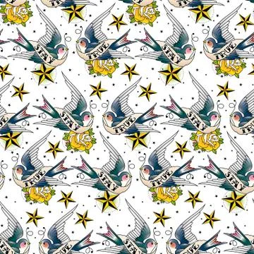 Old school swallows tattoo pattern Stock Illustration
