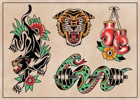 Old school tattoo design flash sheet Panther, snake, sport, tiger Stock Illustration