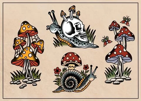 Old school tattoo design flash sheet forest theme Stock Illustration