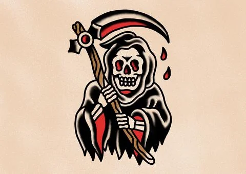 Old school tattoo design small reaper with scythe Stock Illustration