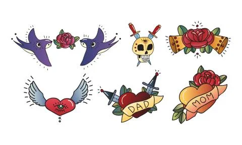 Old School Tattoo Elements and Symbols with Skull and Rose Flower Vector Set Stock Illustration