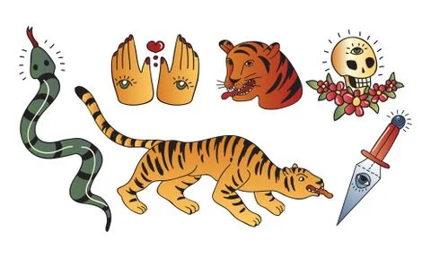 Old School Tattoo Elements and Symbols with Skull and Rose Flower Vector Set Stock Illustration