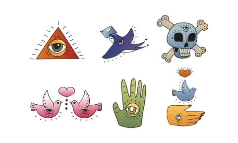 Old School Tattoo Elements and Symbols with Skull and Swallow Bird Vector Set 스톡 일러스트