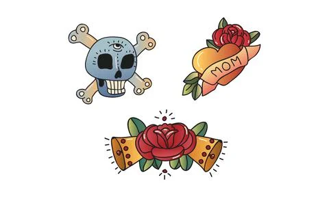 Old School Tattoo Elements and Symbols with Skull and Rose Flower Vector Set Stock Illustration