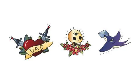 Old School Tattoo Elements and Symbols with Skull and Swallow Vector Set Stock Illustration