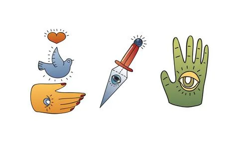 Old School Tattoo Elements and Symbols with Dagger and Hand with Eye Vector Set Stock Illustration