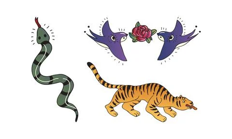 Old School Tattoo Elements and Symbols with Swallows and Tiger Vector Set Stock Illustration