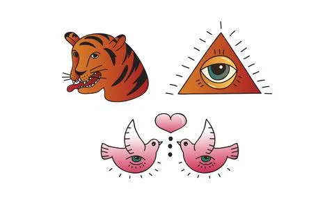Old School Tattoo Elements and Symbols with Eye Enclosed in Triangle and Tiger Illustrazione stock