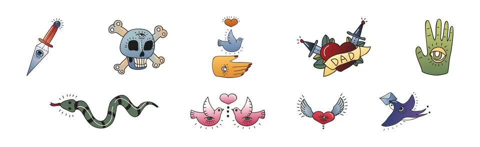 Old School Tattoo Elements and Symbols Vector Set Stock Illustration