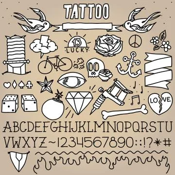 Old school tattoo objects pack Stock Illustration