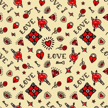 Old school tattoo pattern with love symbols Illustrazione stock