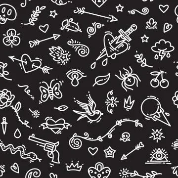 Old School Tattoo Seamless Pattern on Dark Stockillustratie