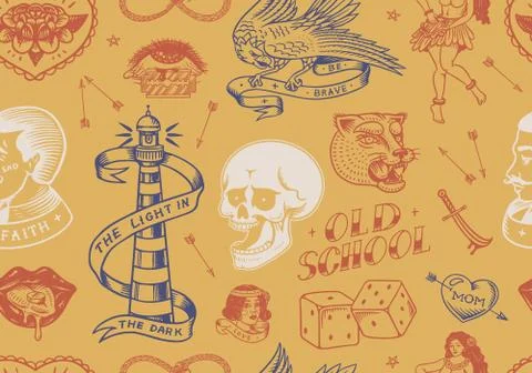 Old school Tattoo Seamless pattern. Hawaiian hula dancer woman, lighthouse 스톡 일러스트