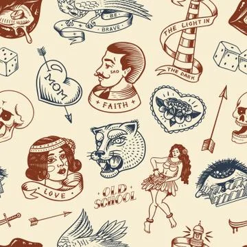 Old school Tattoo Seamless pattern. Hawaiian hula dancer woman, lighthouse 스톡 일러스트