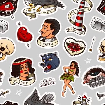 Old school Tattoo Seamless pattern. Hawaiian hula dancer woman, lighthouse 스톡 일러스트