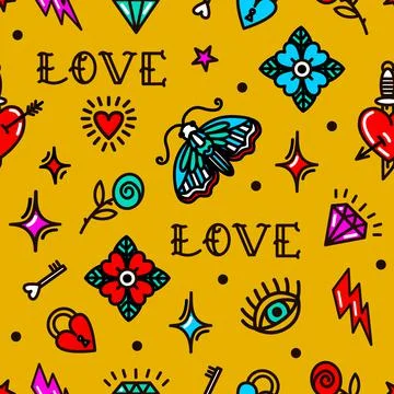 Old school tattoo seamless pattern with love symbols. Design For Valentines Day Illustrazione stock