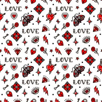 Old school tattoo seamless pattern with love symbols. Design For Valentines Day 스톡 일러스트