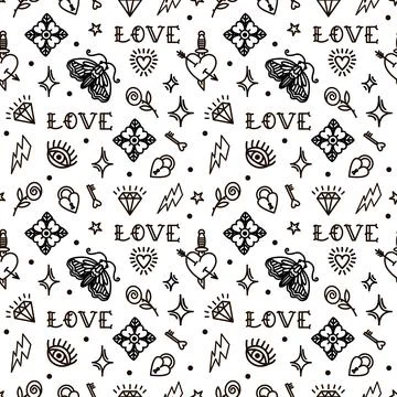 Old school tattoo seamless pattern with love symbols. Design For Valentines Day 스톡 일러스트