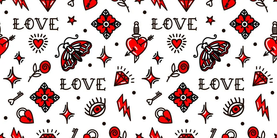 Old school tattoo seamless pattern with love symbols. Design For Valentines Day Stock Illustration