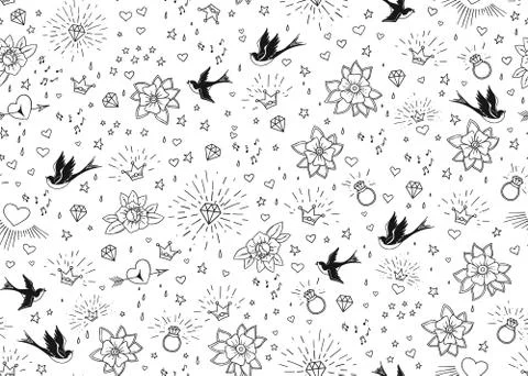 Old school tattoos seamles pattern with birds, flowers, roses and hearts. Love 库存插图