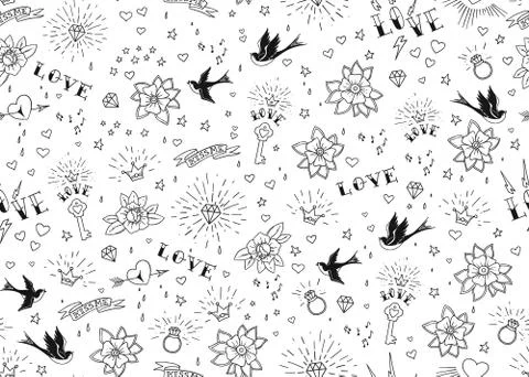 Old school tattoos seamles pattern with birds, flowers, roses and hearts. Love 스톡 일러스트