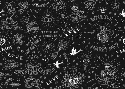 Old school tattoos seamles pattern with birds, flowers, roses and hearts. Love Stock Illustration