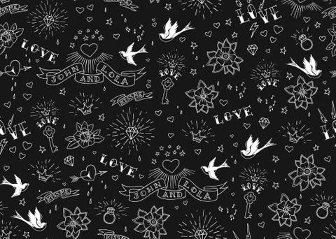 Old school tattoos seamles pattern with birds, flowers, roses and hearts. Love Stock Illustration