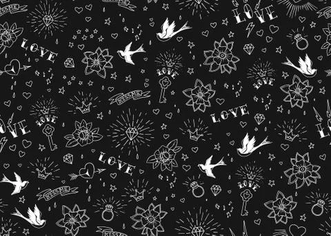 Old school tattoos seamles pattern with birds, flowers, roses and hearts. Love Stock Illustration