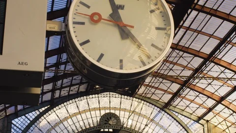 Old school, vintage train platform clock with beautiful architecture of Stock Footage 105082628