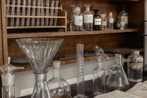 Old Science workbench with chemical components Stock Photos