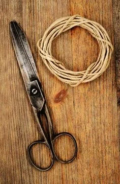 Old scissors and hank of packthread with Grunge Filter old scissors and ha... Stock Photos