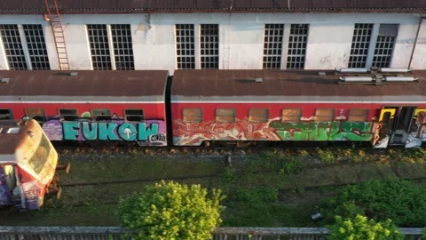 Old scrap damaged abandoned trains repair service station 1 Stock Footage 132318152