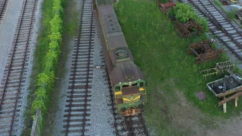 Old scrap damaged abandoned trains repair service TRAIN station 8 Stock Footage 132374698