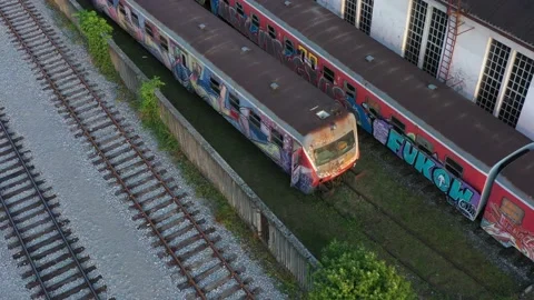 Old scrap damaged abandoned trains repair service TRAIN station 9 Stock Footage 132376028