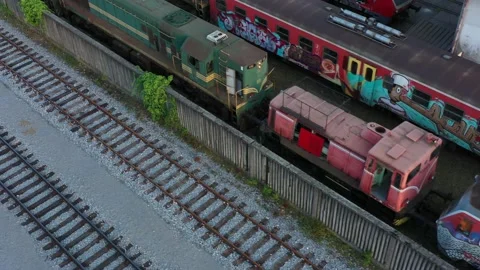Old scrap damaged abandoned trains repair service TRAIN station 10 Stock Footage 132376133