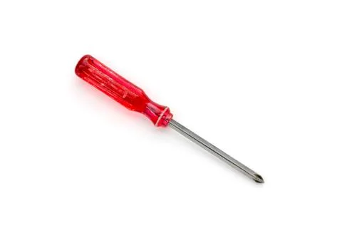 Old screw driver with red plastic handle, isolated on white Stock Photos