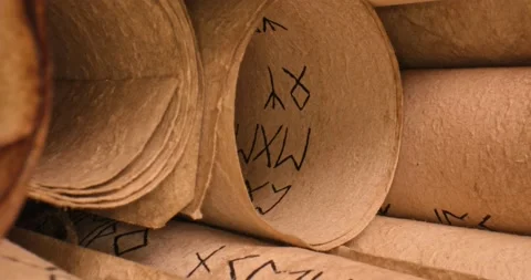 Old scribe library. Restro futhpak scrolls stacked on a pile. Stock Footage 161459660